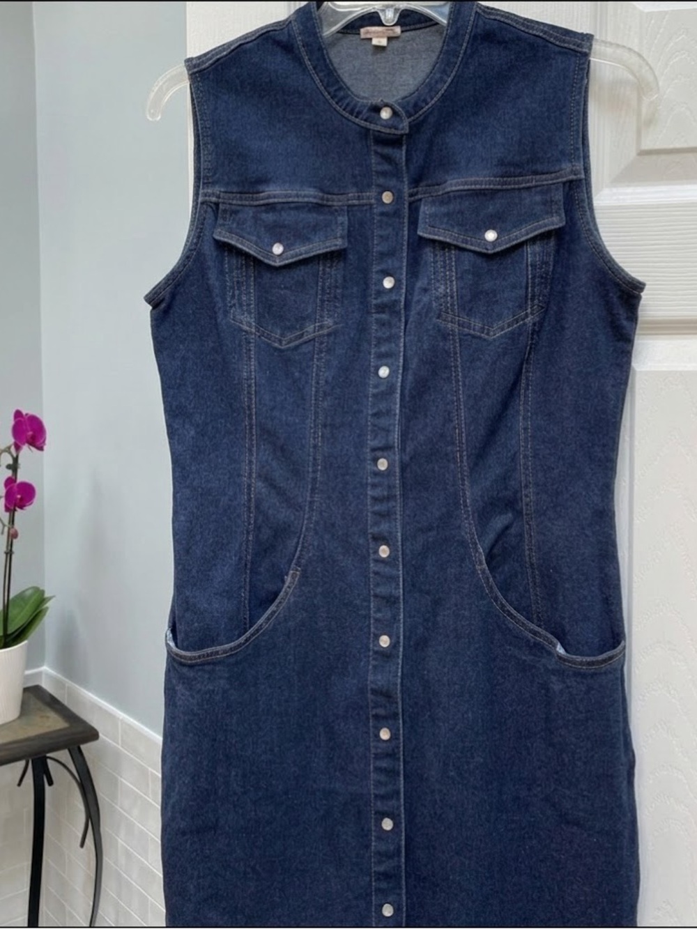 Vintage Spiegel Denim Snap Front Dress Sleeveless Blue Size 8